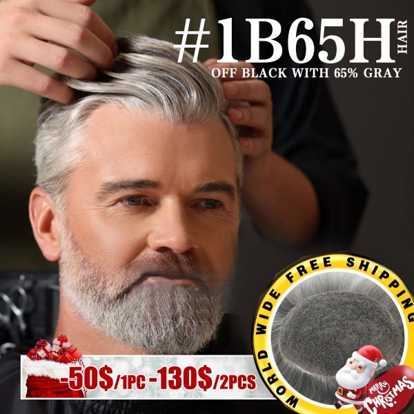 Full French Lace Mens Toupee French Lace Hair System #1B65H Off Black with 65% Gray Hair