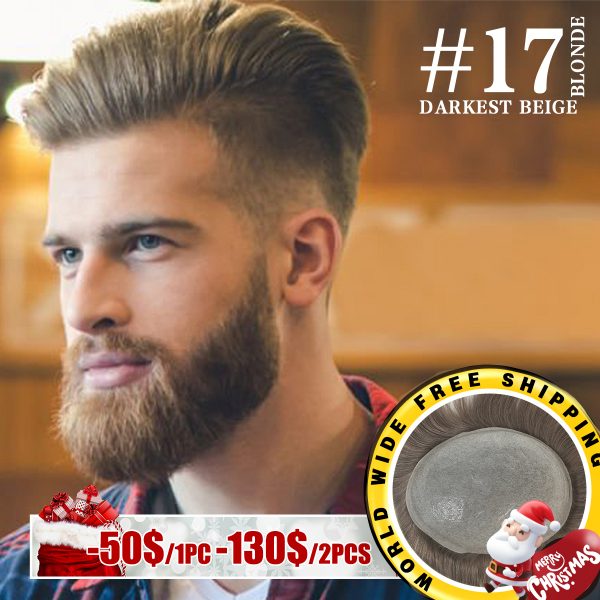 Mens Toupee Thin Skin Base Hairpiece for Man #17 Darkest Beige Blonde