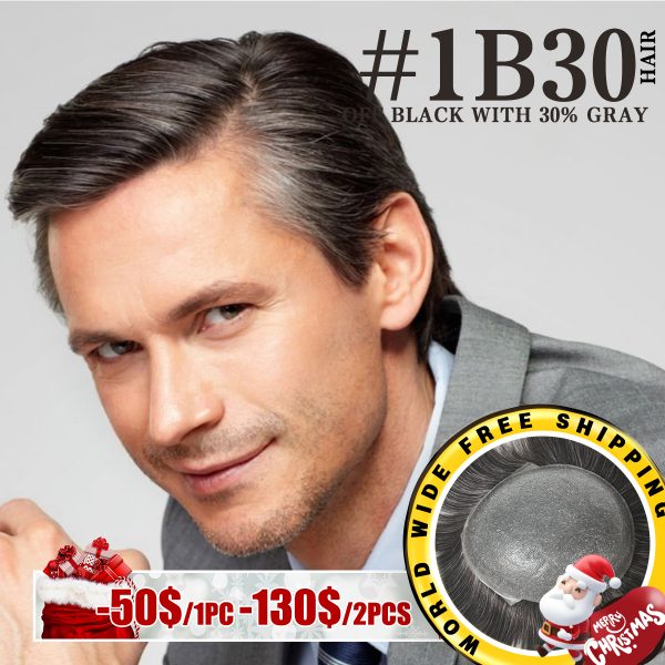 Mens Toupee Thin Skin Base Hairpiece for Man #1B30 Off Black with 30% Gray Hair