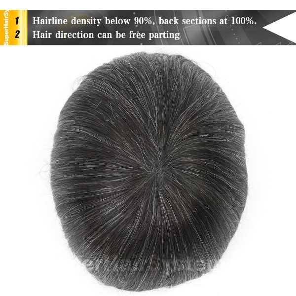 Mens Toupee Thin Skin Base Hairpiece for Man #1B30 Off Black with 30% Gray Hair