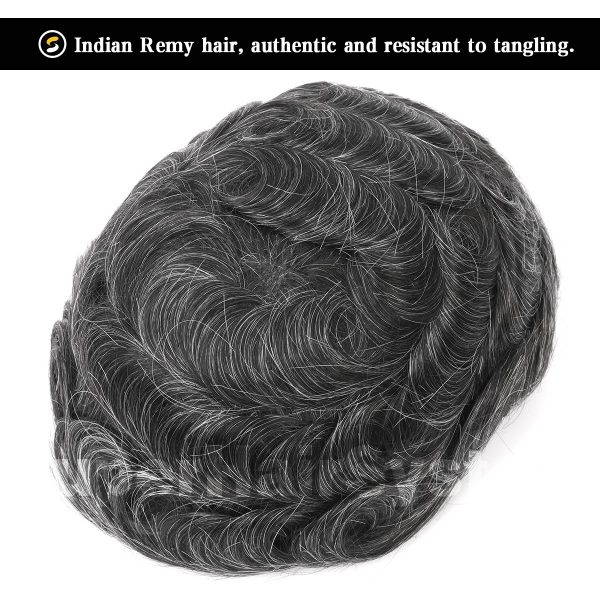 Mens Toupee Thin Skin Base Hairpiece for Man #1B30 Off Black with 30% Gray Hair