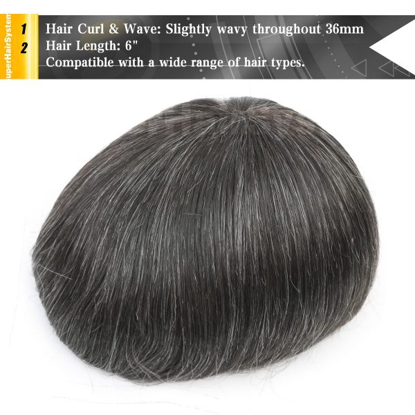 Mens Toupee Thin Skin Base Hairpiece for Man #1B30 Off Black with 30% Gray Hair