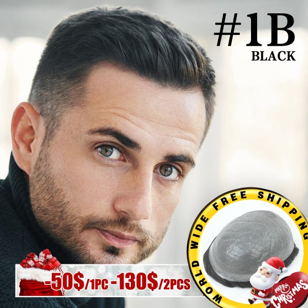 Mens Toupees Ultra-thin Skin Base Hair Systems #1B Off Black