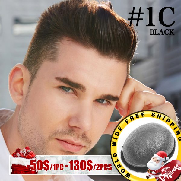 Mens Toupees Ultra-thin Skin Base Hair Systems #1C Black