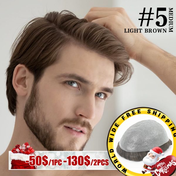 Mens Toupees Ultra-thin Skin Base Hair Systems #5 Medium Light Brown