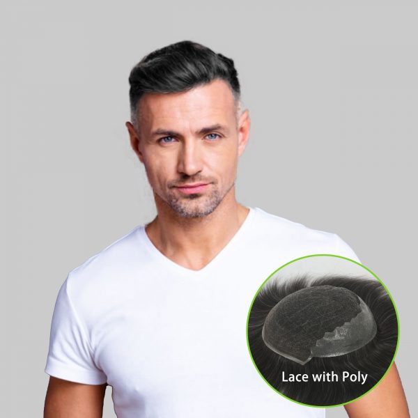 Q6 Hair Systmes For Men Lace Front with Poly Side and Back Base (810) Hair Units #1B20