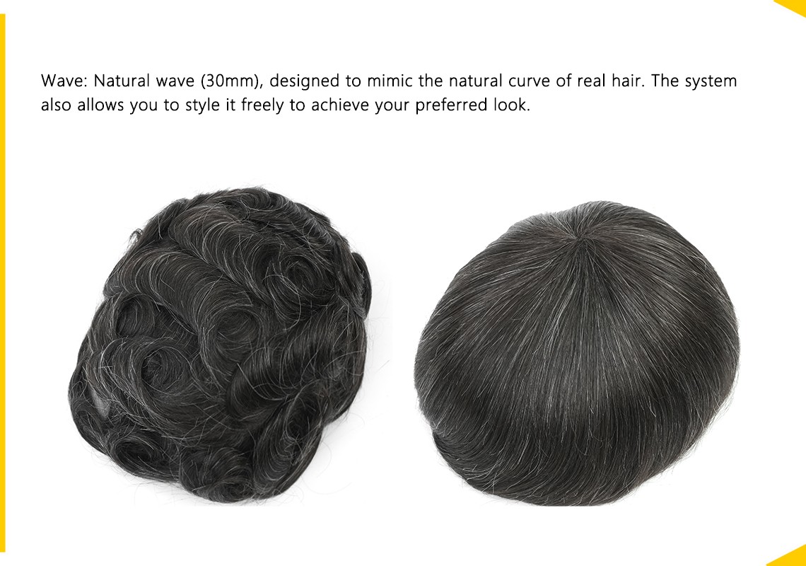 Mens Toupee French lace with Poly Base Hair Systems #1B20 Off Black with 20% Gray Hair