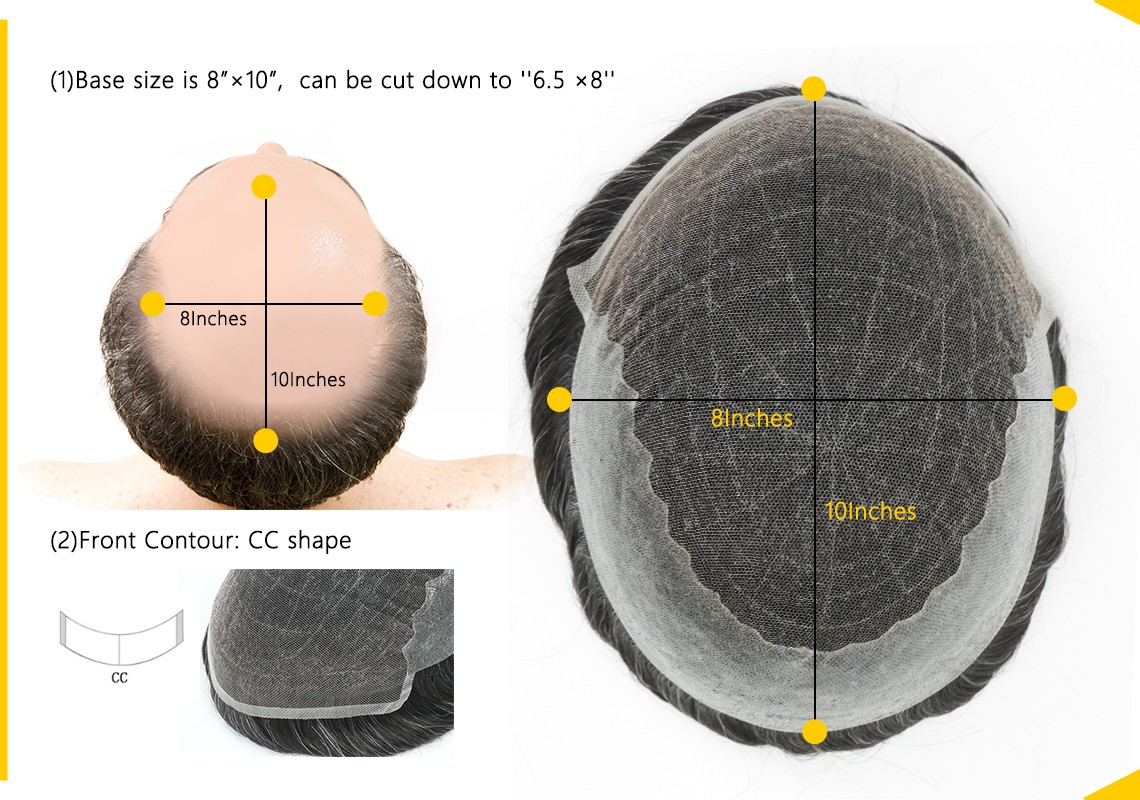 Mens Toupee French lace with Poly Base Hair Systems #1B20 Off Black with 20% Gray Hair