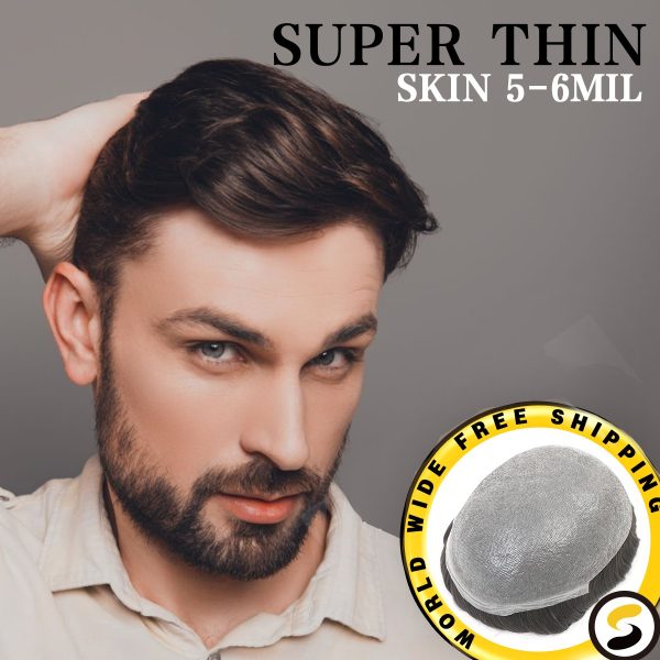 Mens Toupee Thin Skin Base Hairpiece for Man